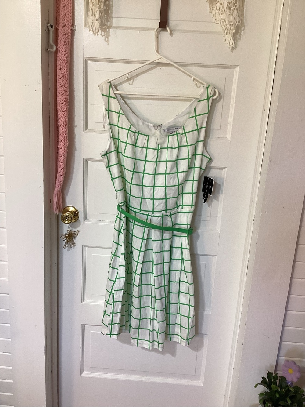 Madison Leigh White Dress with Green Windowpane Grid and Belt